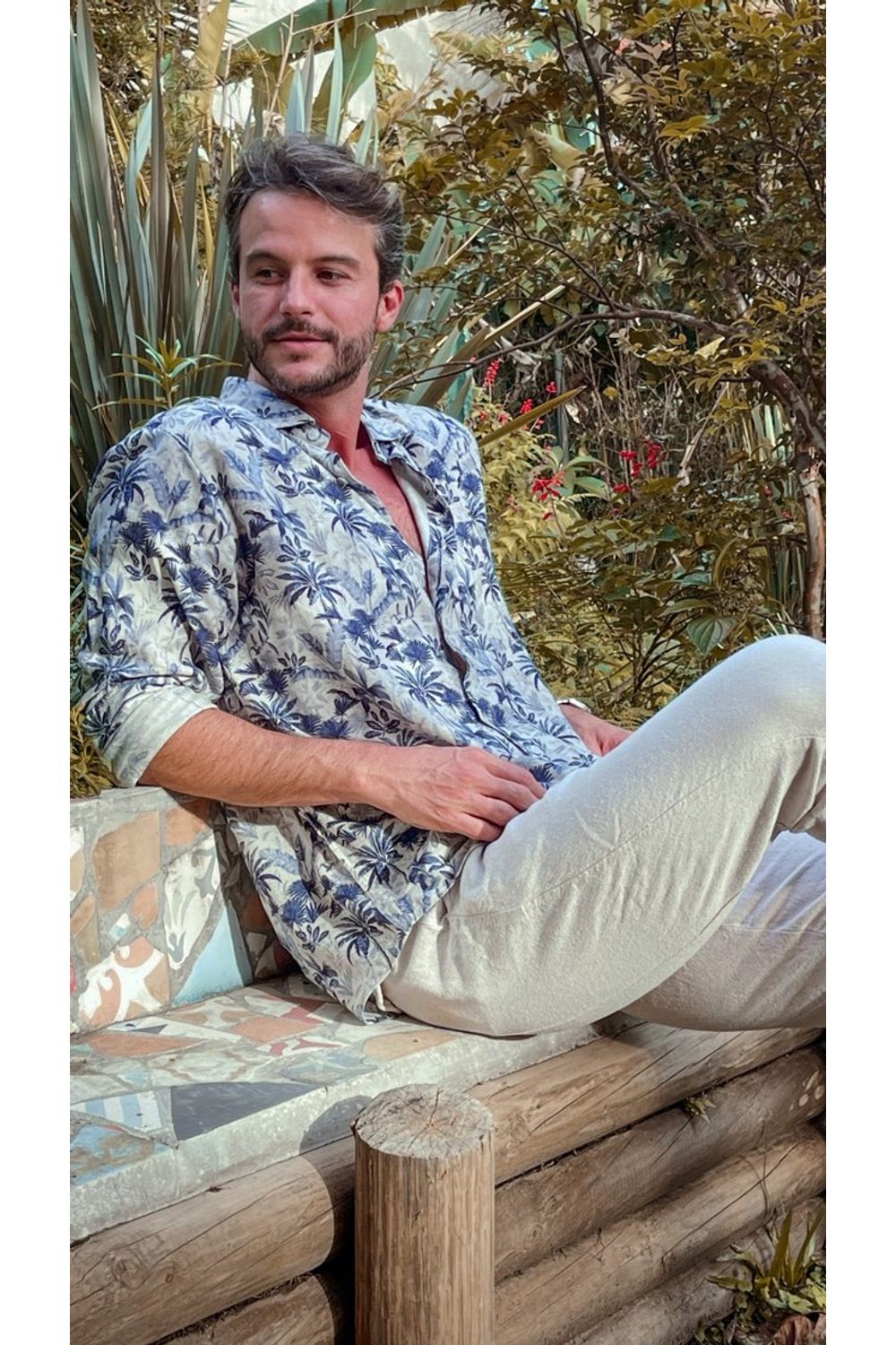 Camisa Estampada Linho C/ Modal ML Azul Escuro