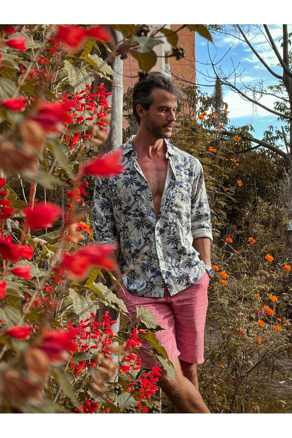 Camisa Estampada Linho C/ Modal ML Azul Escuro