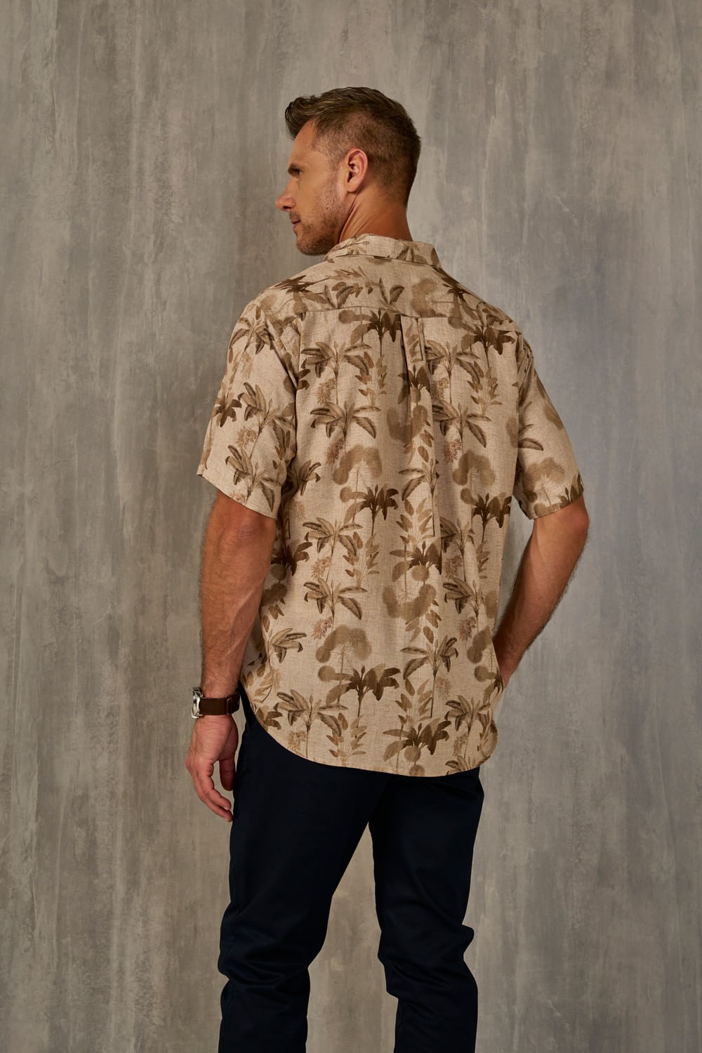 Camisa Estampada Linho c/ Modal MC Laranja