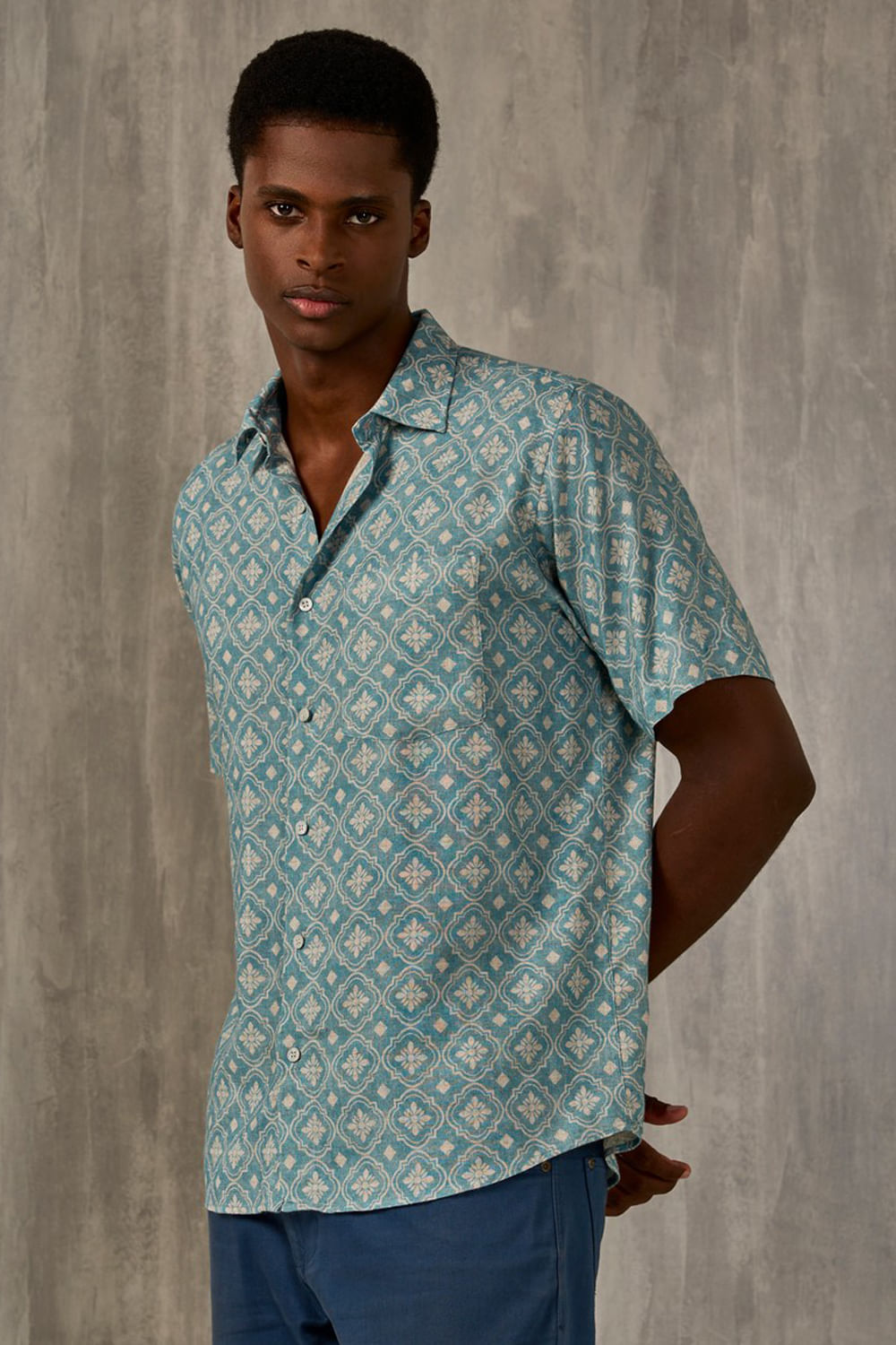 Camisa Estampada Linho c/ Modal MC Verde