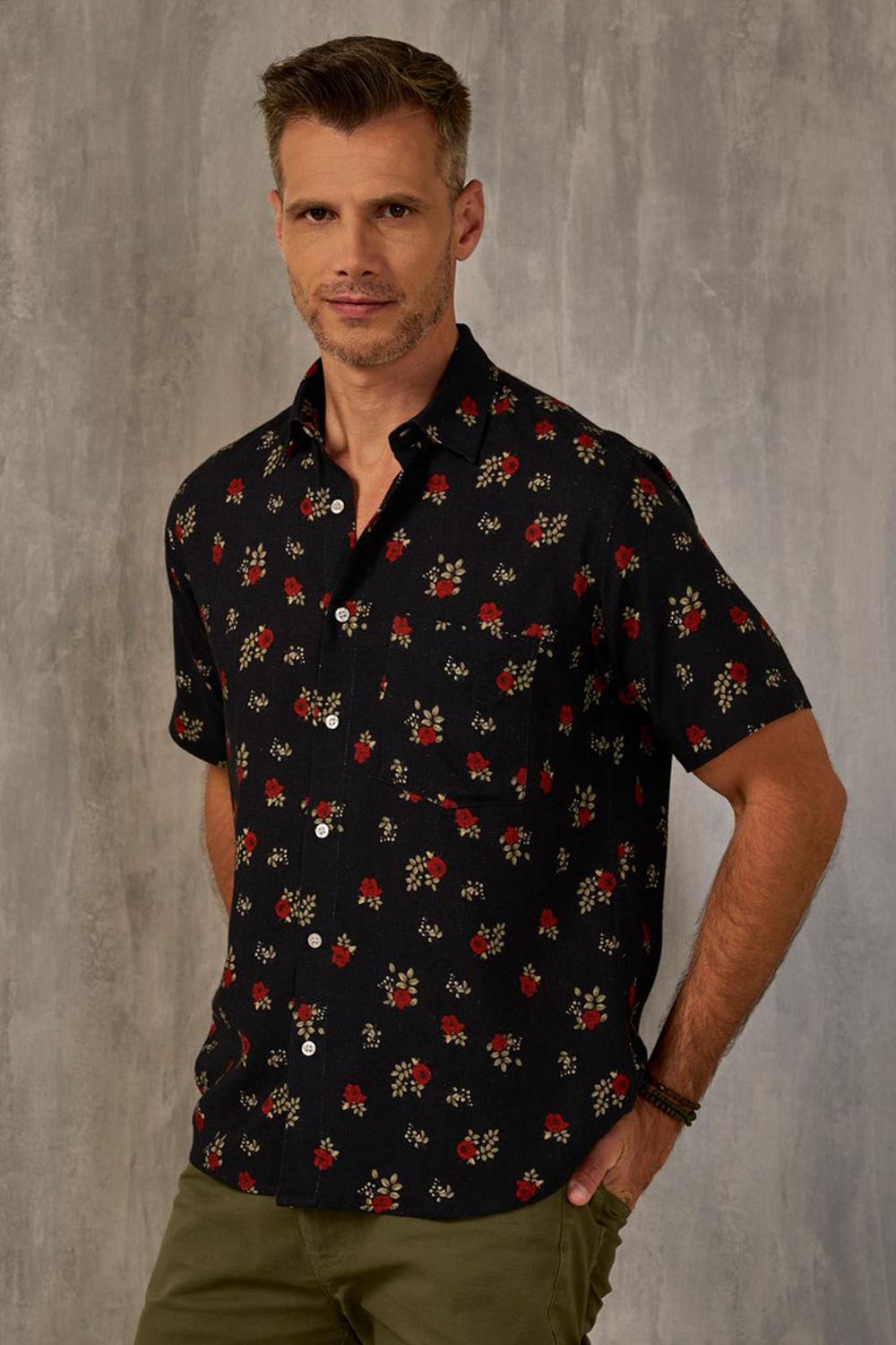 Camisa Estampada Linho c/ Modal MC Preto