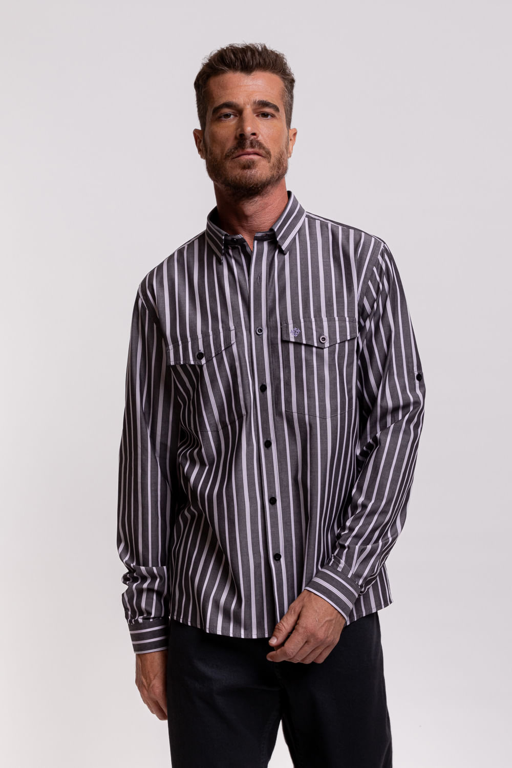 Camisa Slim Listrada Algodão ML Cinza