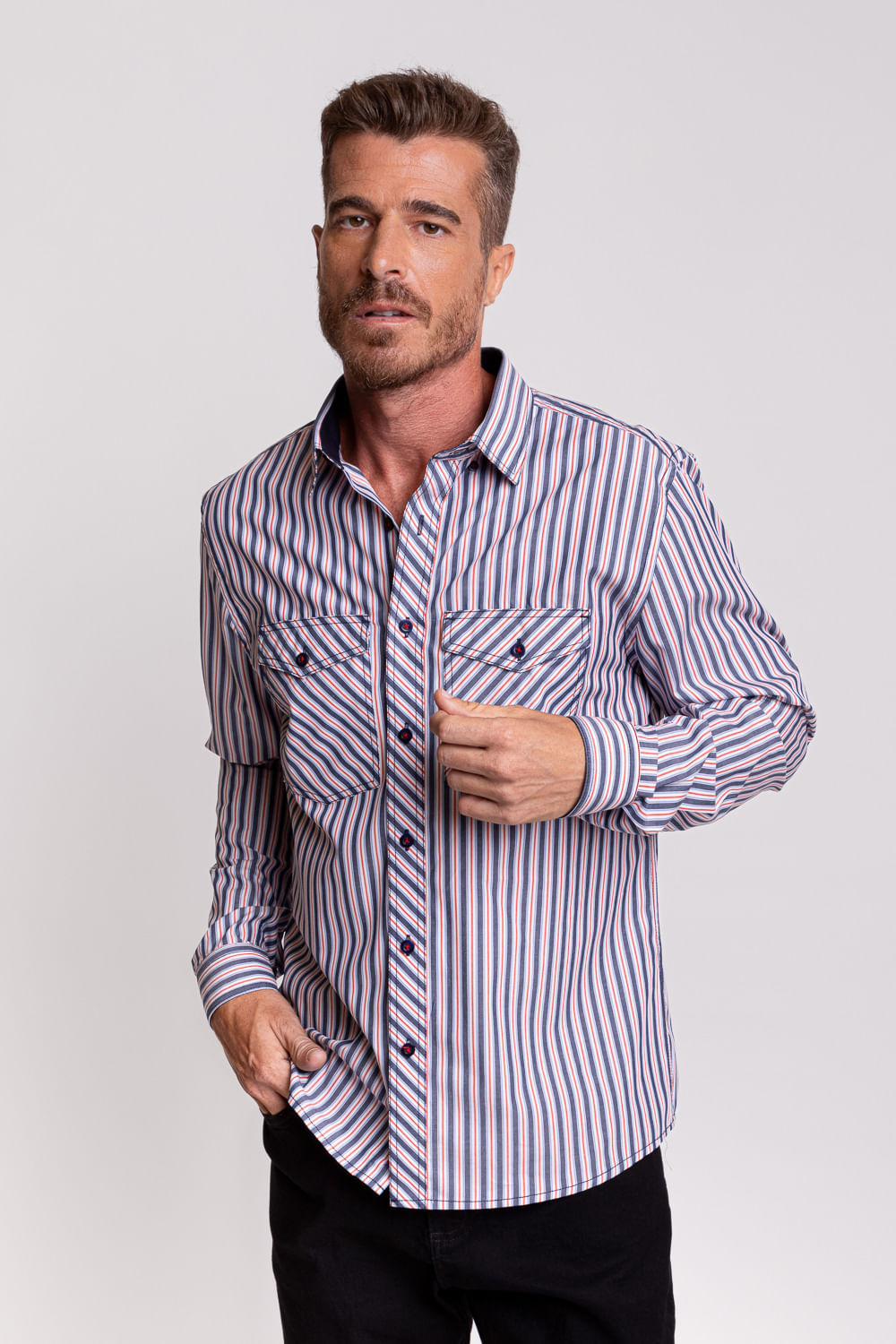Camisa Slim Listrada Algodão ML Vermelho