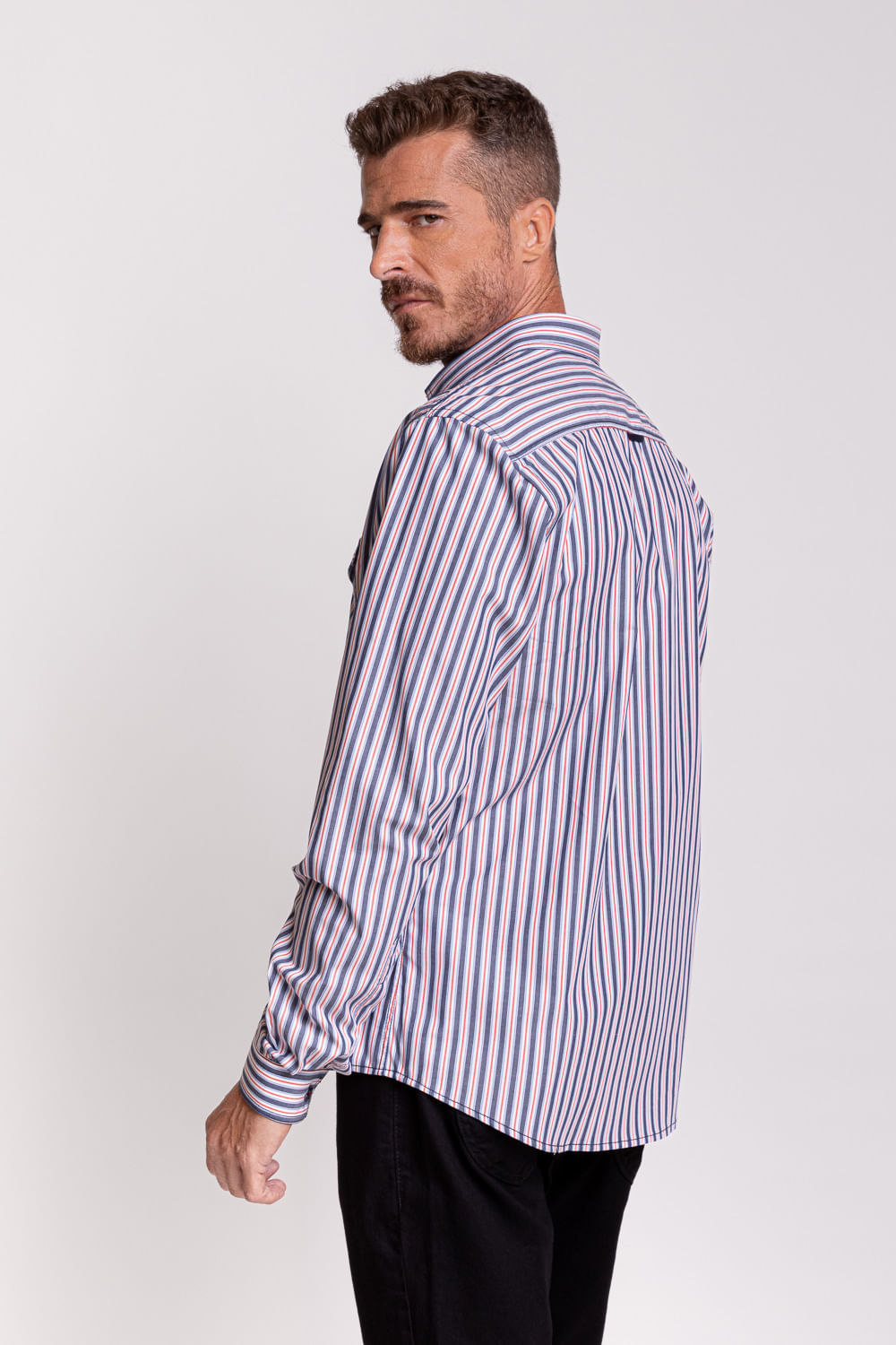 Camisa Slim Listrada Algodão ML Vermelho