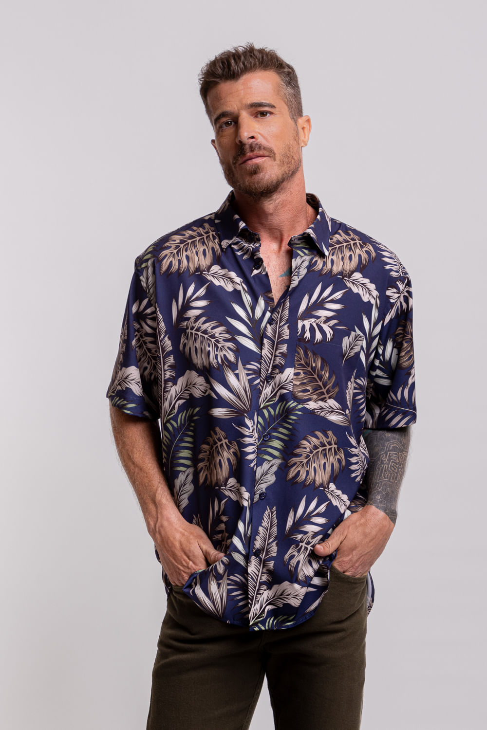 Camisa Estampada Microfibra com Elastano MC Azul