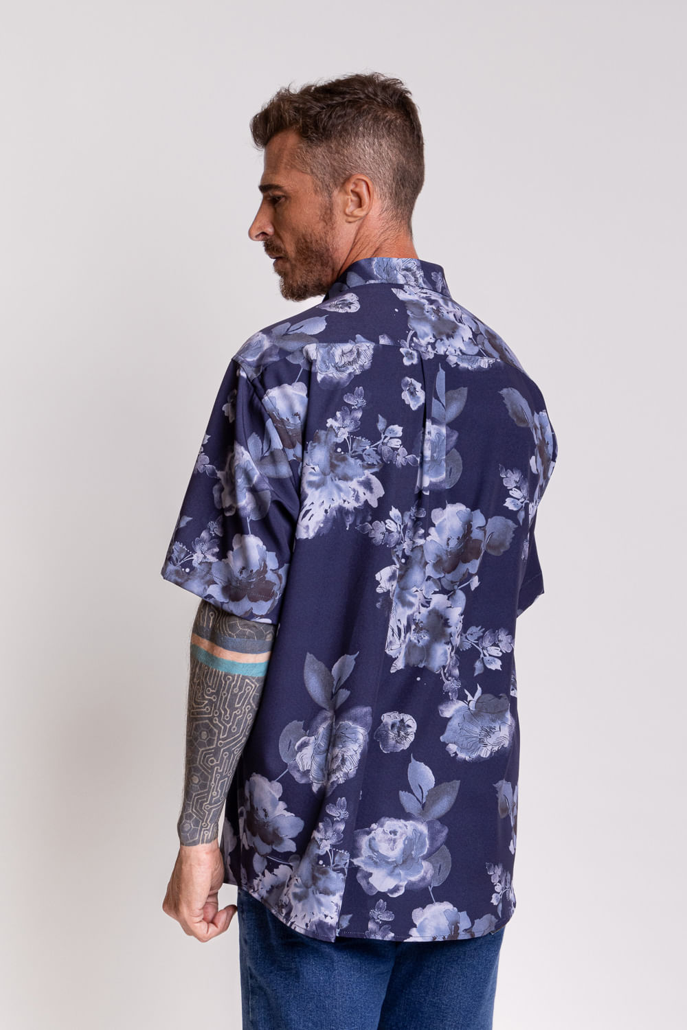 Camisa Estampada Microfibra com Elastano MC Azul Escuro