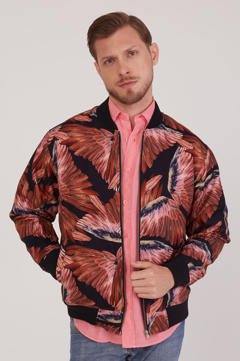 Jaqueta Bomber Estampada Rosa