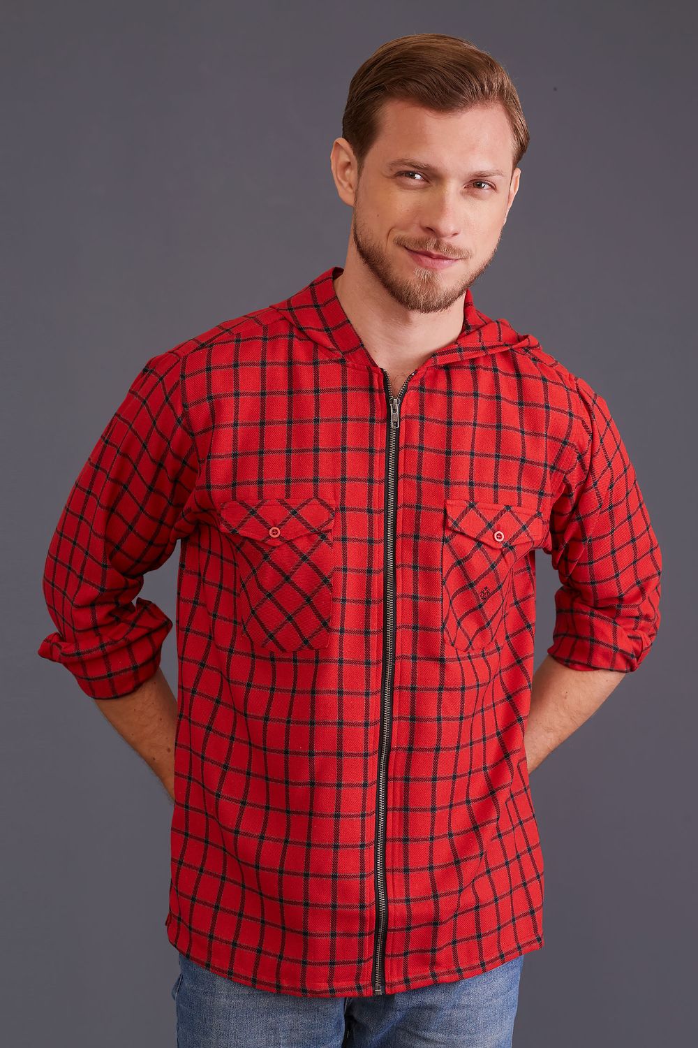 Camisa Flanela Xadrez Zíper Capuz ML Vermelho