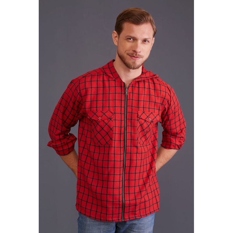 Camisa Flanela Xadrez Zíper Capuz ML Vermelho