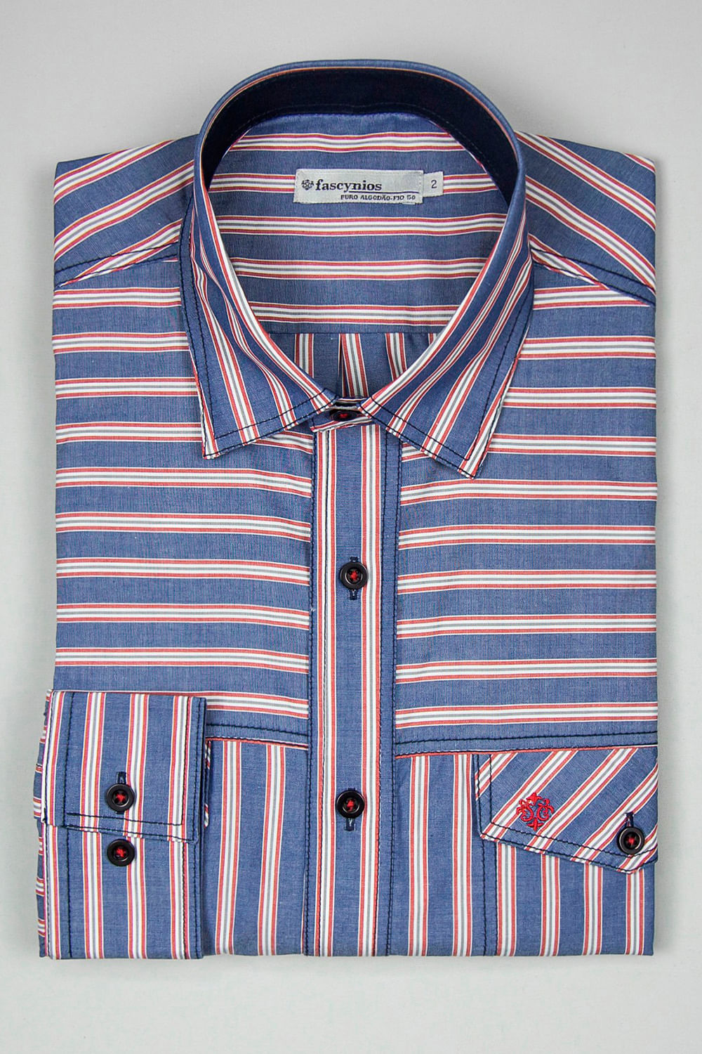 Camisa Slim Listrada Algodão ML Vermelho