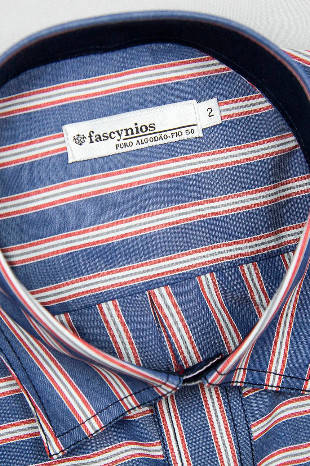 Camisa Slim Listrada Algodão ML Vermelho