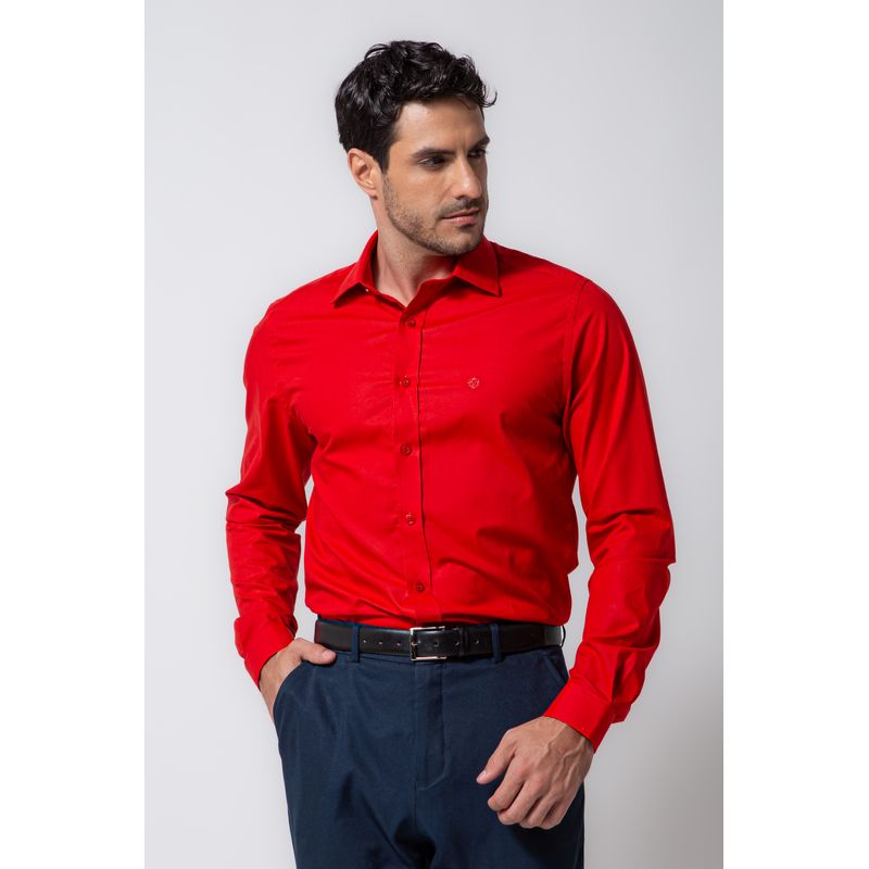 Camisa Social Slim Algodão Misto Vermelho