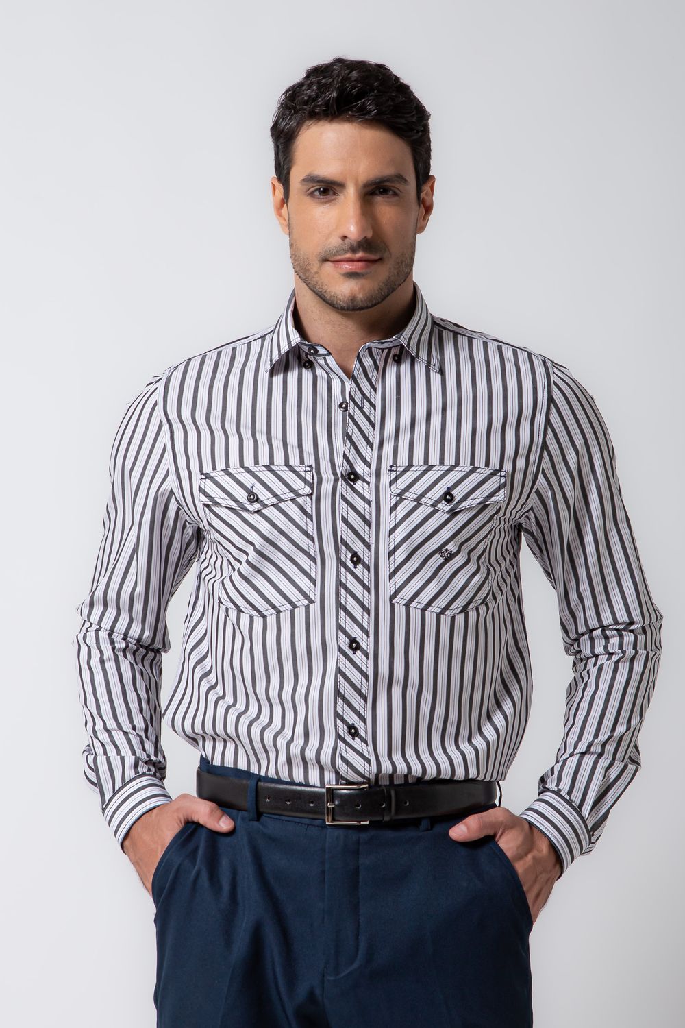 Camisa Slim Listrada Algodão ML Branco