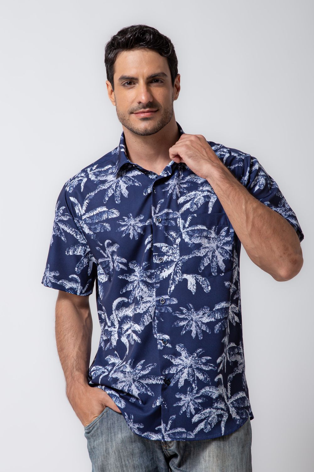 Camisa Estampada Microfibra com Elastano MC Azul Escuro