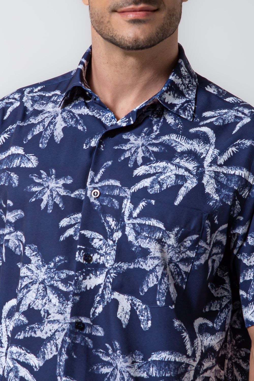 Camisa Estampada Microfibra com Elastano MC Azul Escuro