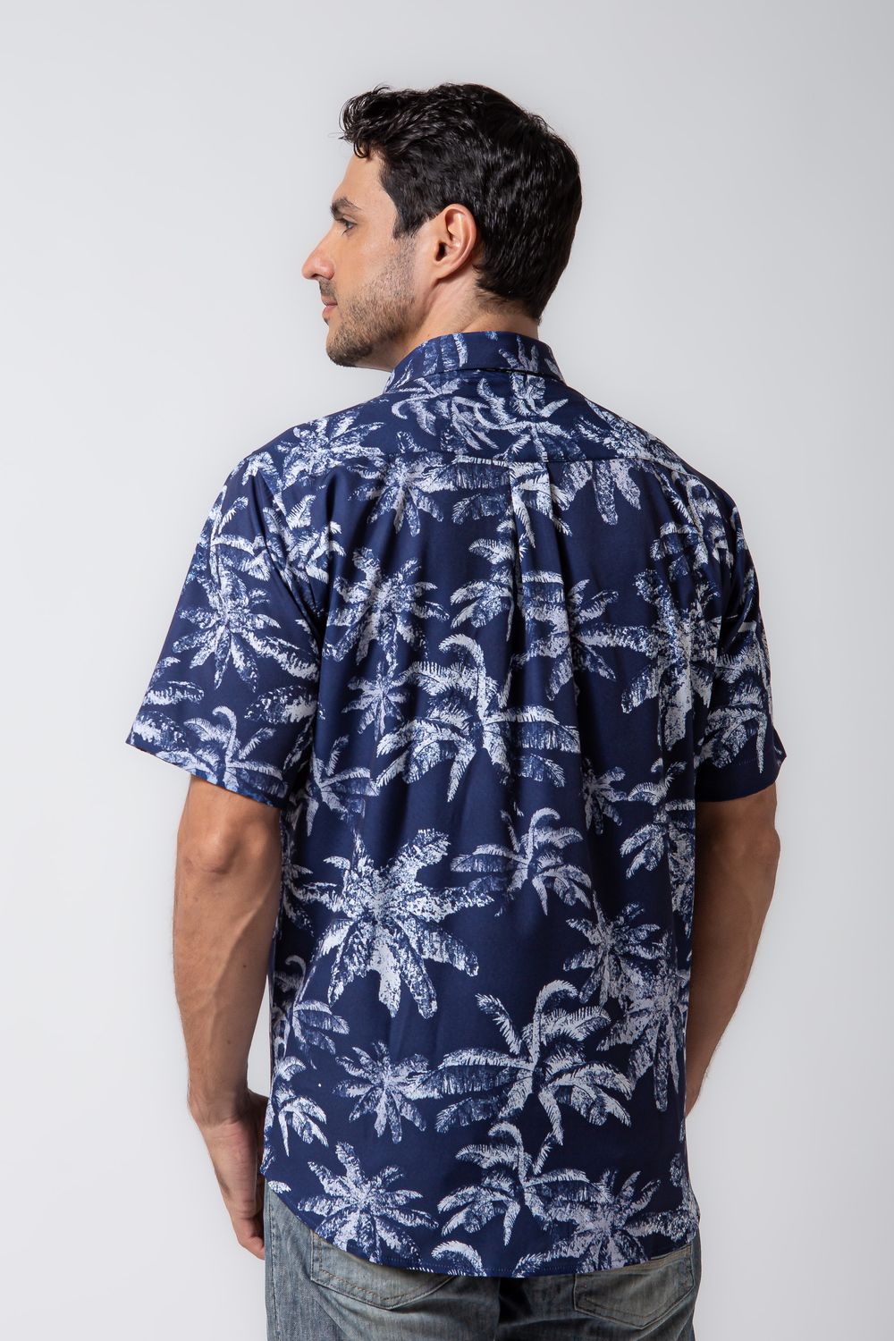 Camisa Estampada Microfibra com Elastano MC Azul Escuro