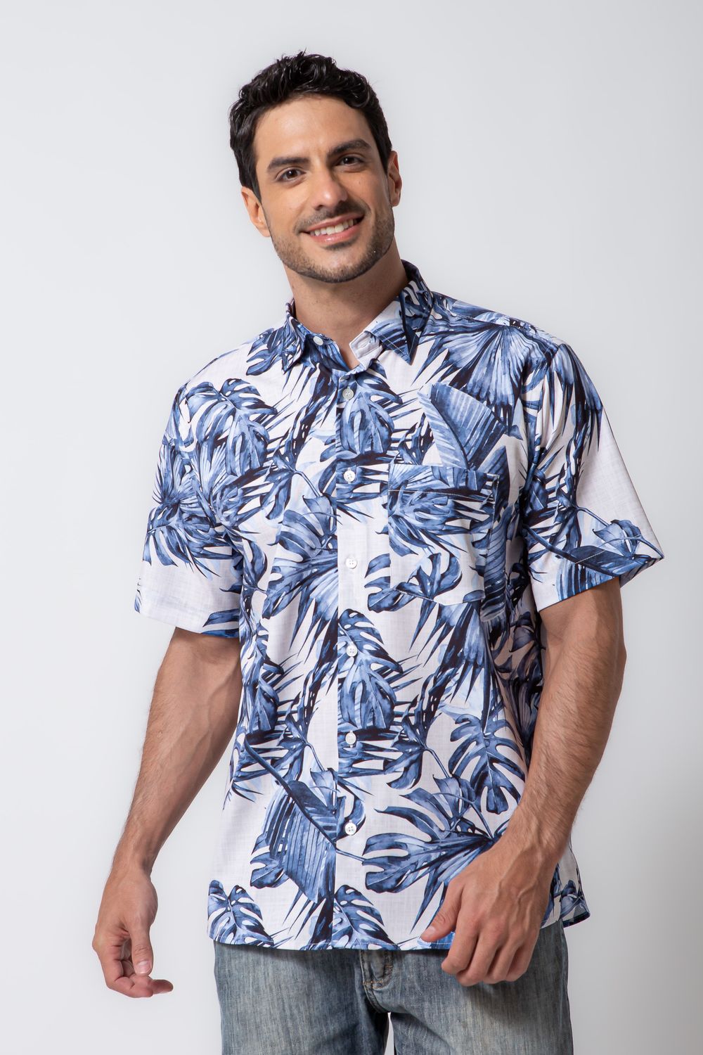 Camisa Estampada Microfibra com Elastano MC Cinza