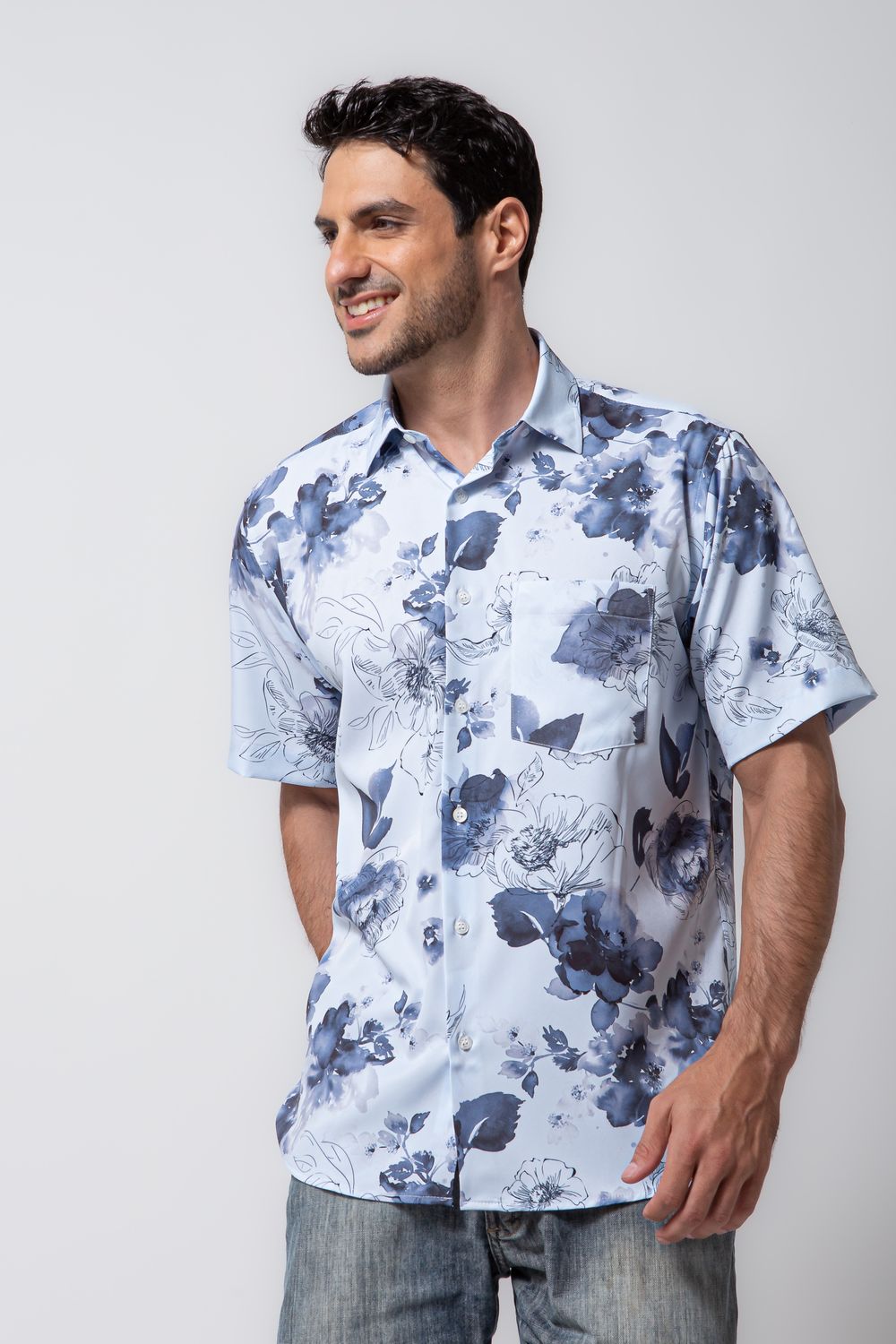 Camisa Estampada Microfibra com Elastano MC Azul Claro