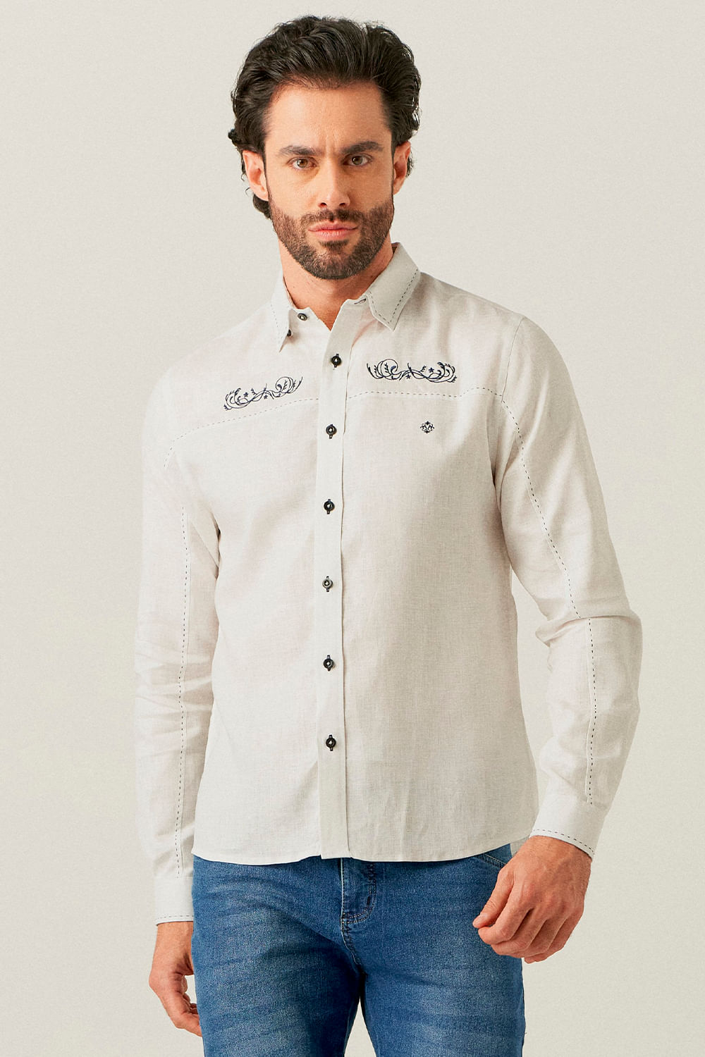 Camisa Slim Puro Linho Bordado ML Branco