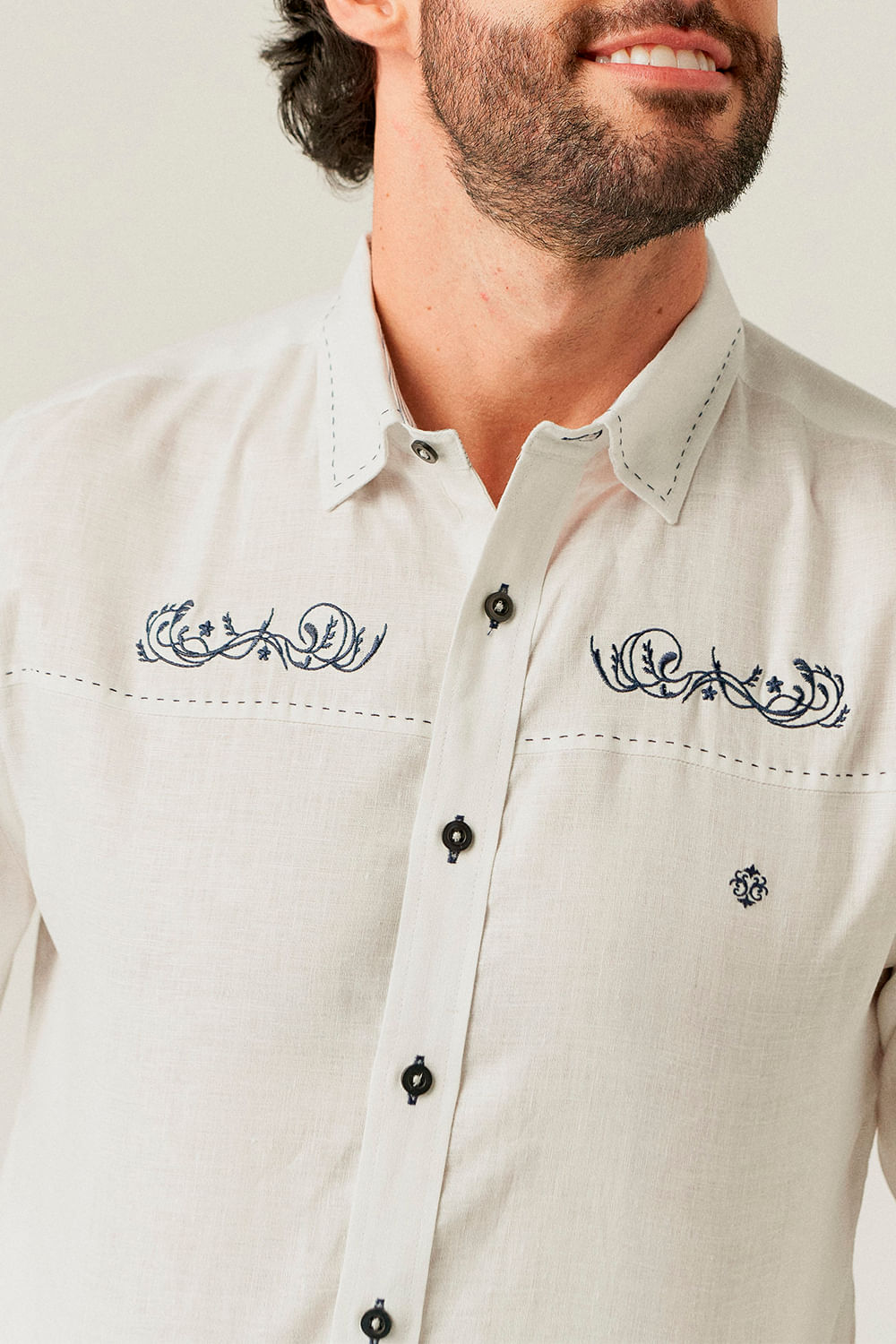 Camisa Slim Puro Linho Bordado ML Branco