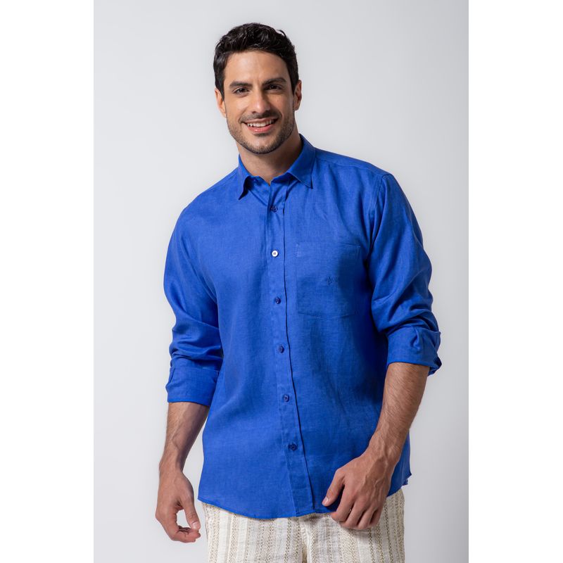 Camisa em Puro Linho ML Azul Escuro