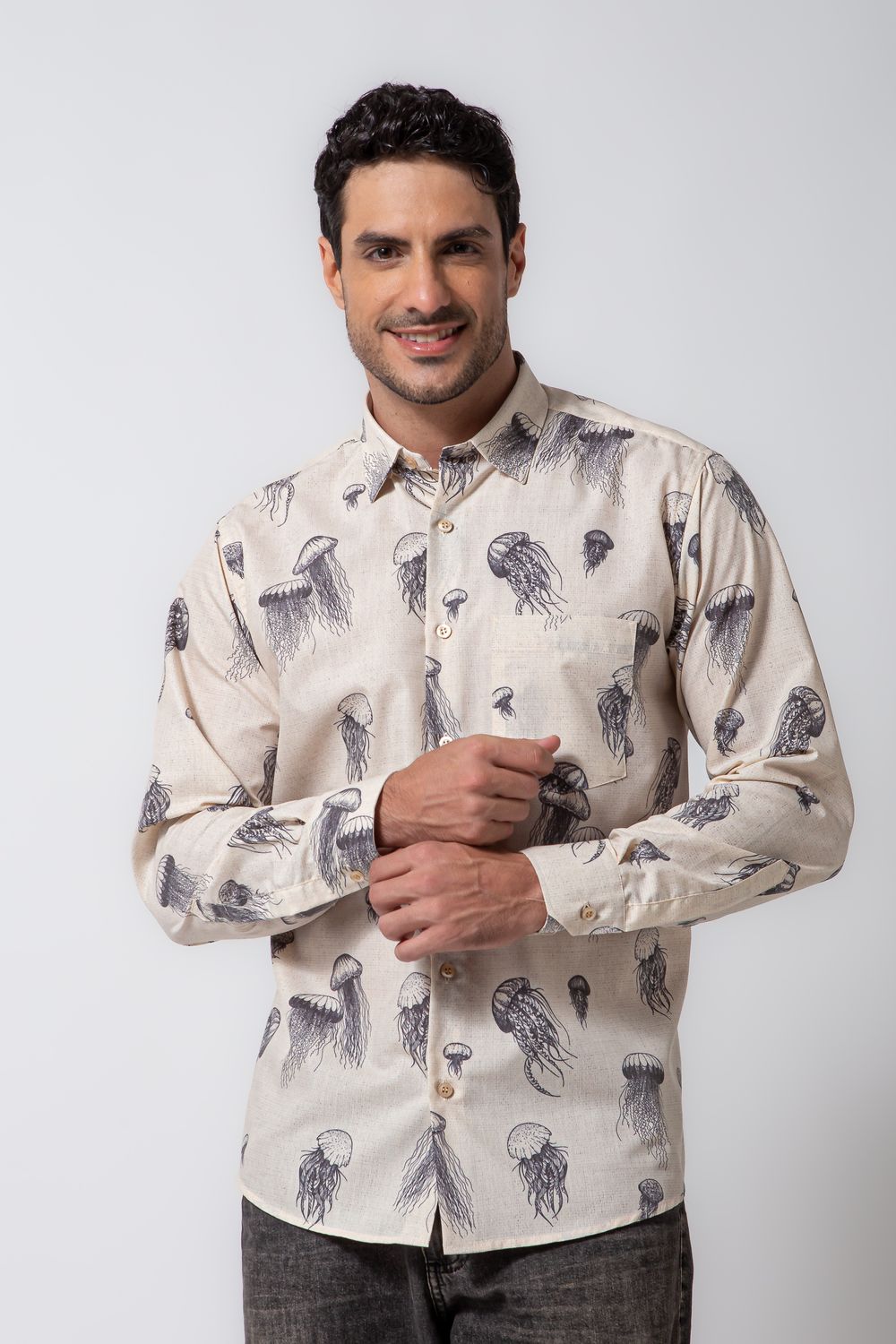 Camisa Estampada Microfibra com Elastano ML Bege