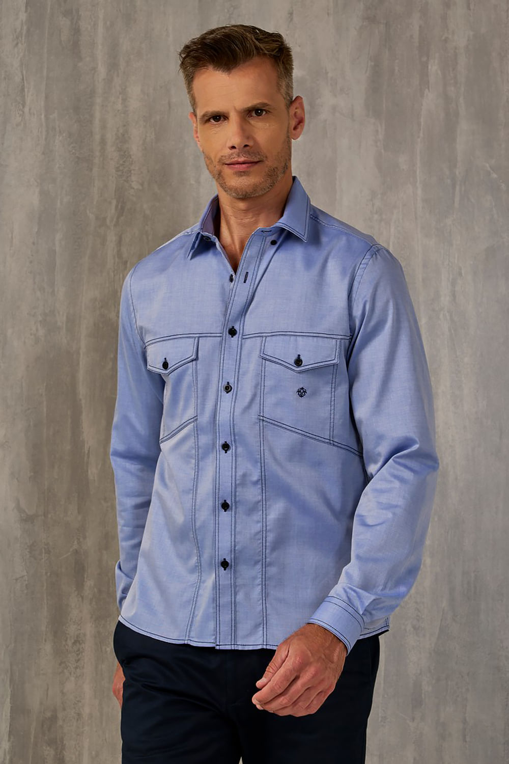 Camisa Slim Algodão ML Azul