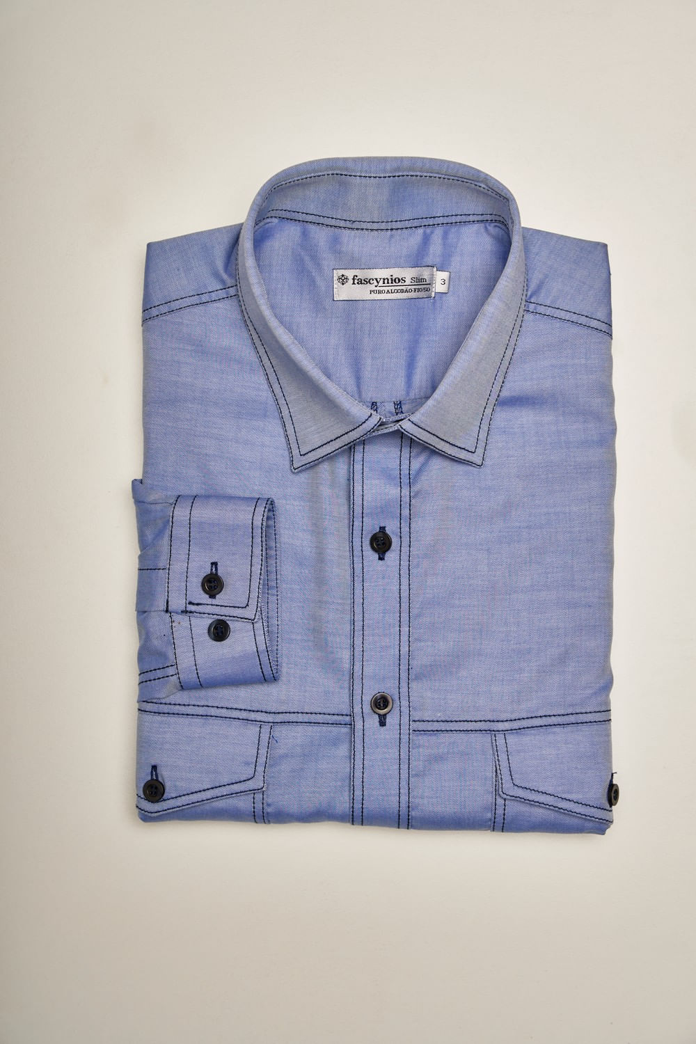 Camisa Slim Algodão ML Azul