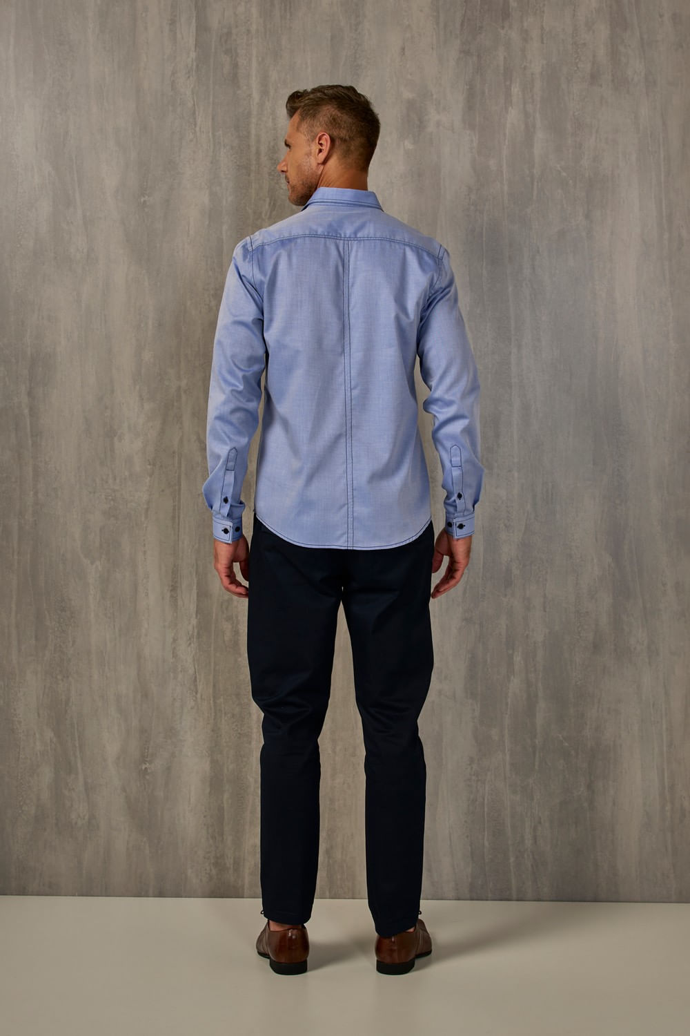 Camisa Slim Algodão ML Azul