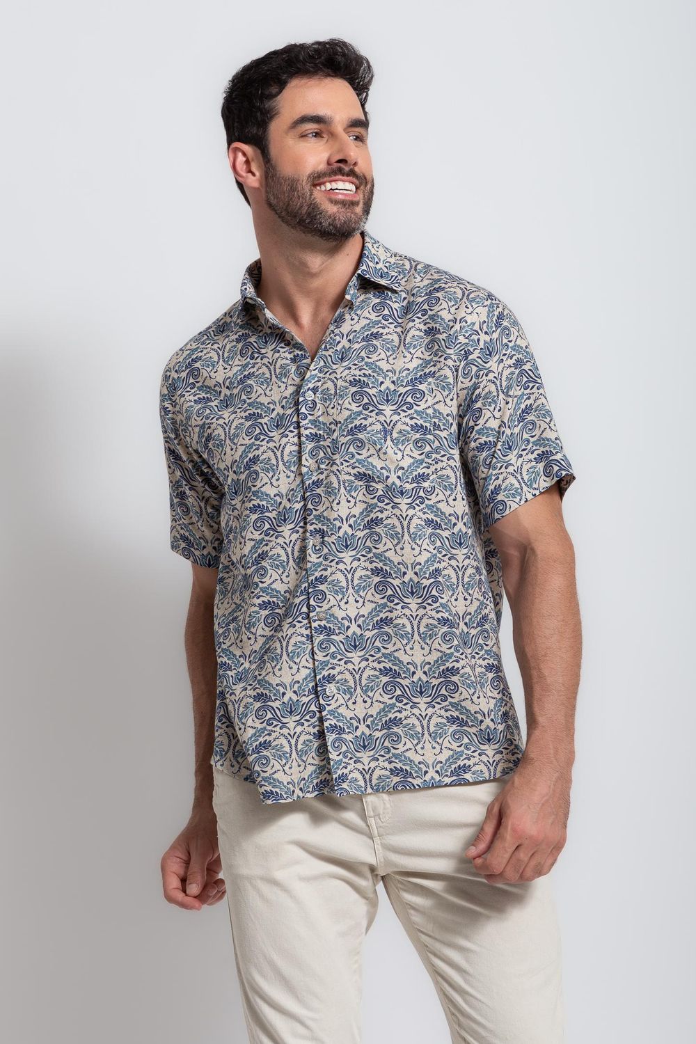 Camisa Estampada Linho c/ Modal MC Azul