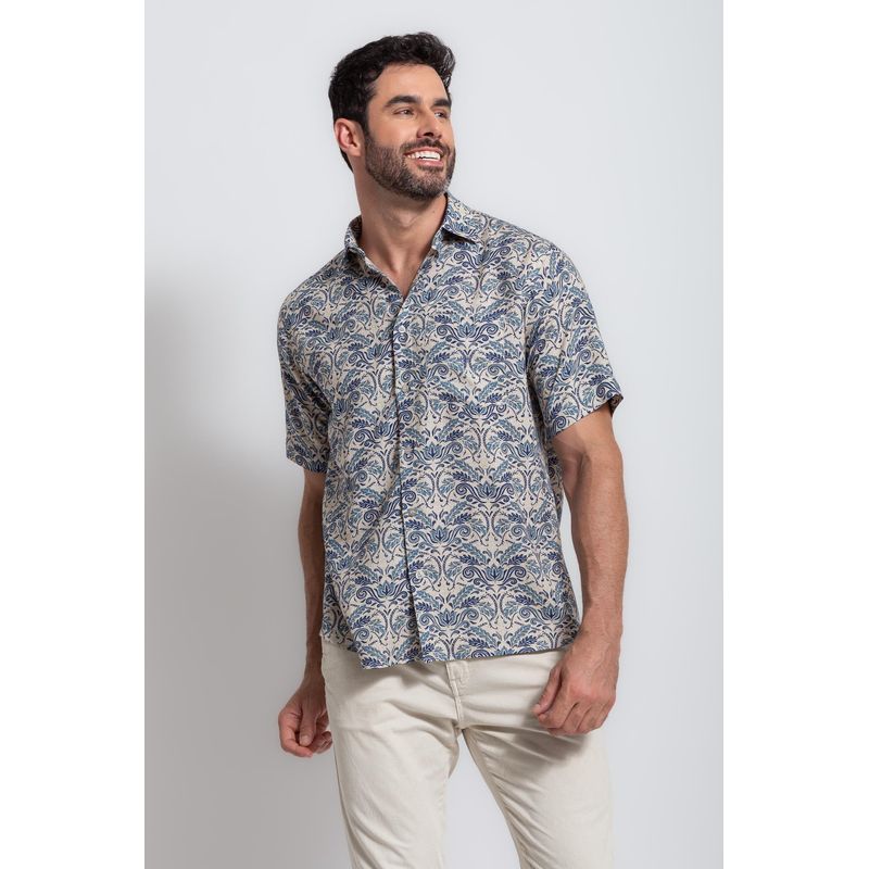 Camisa Estampada Linho c/ Modal MC Azul