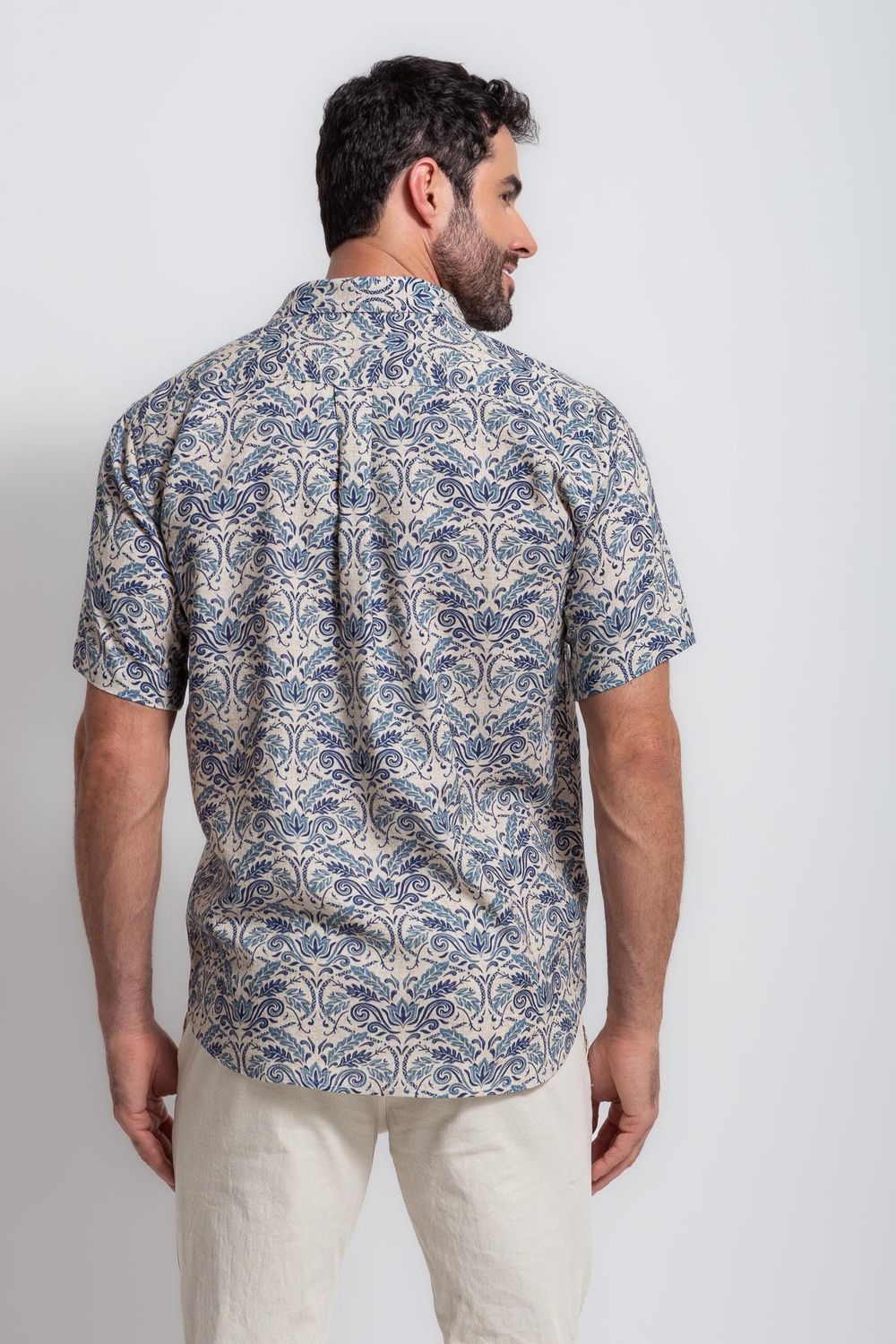 Camisa Estampada Linho c/ Modal MC Azul
