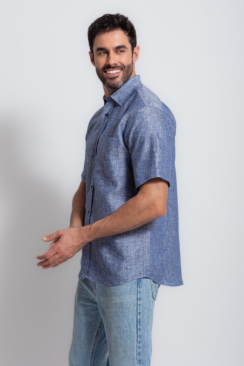 Camisa Puro Linho Mescla MC Azul Escuro