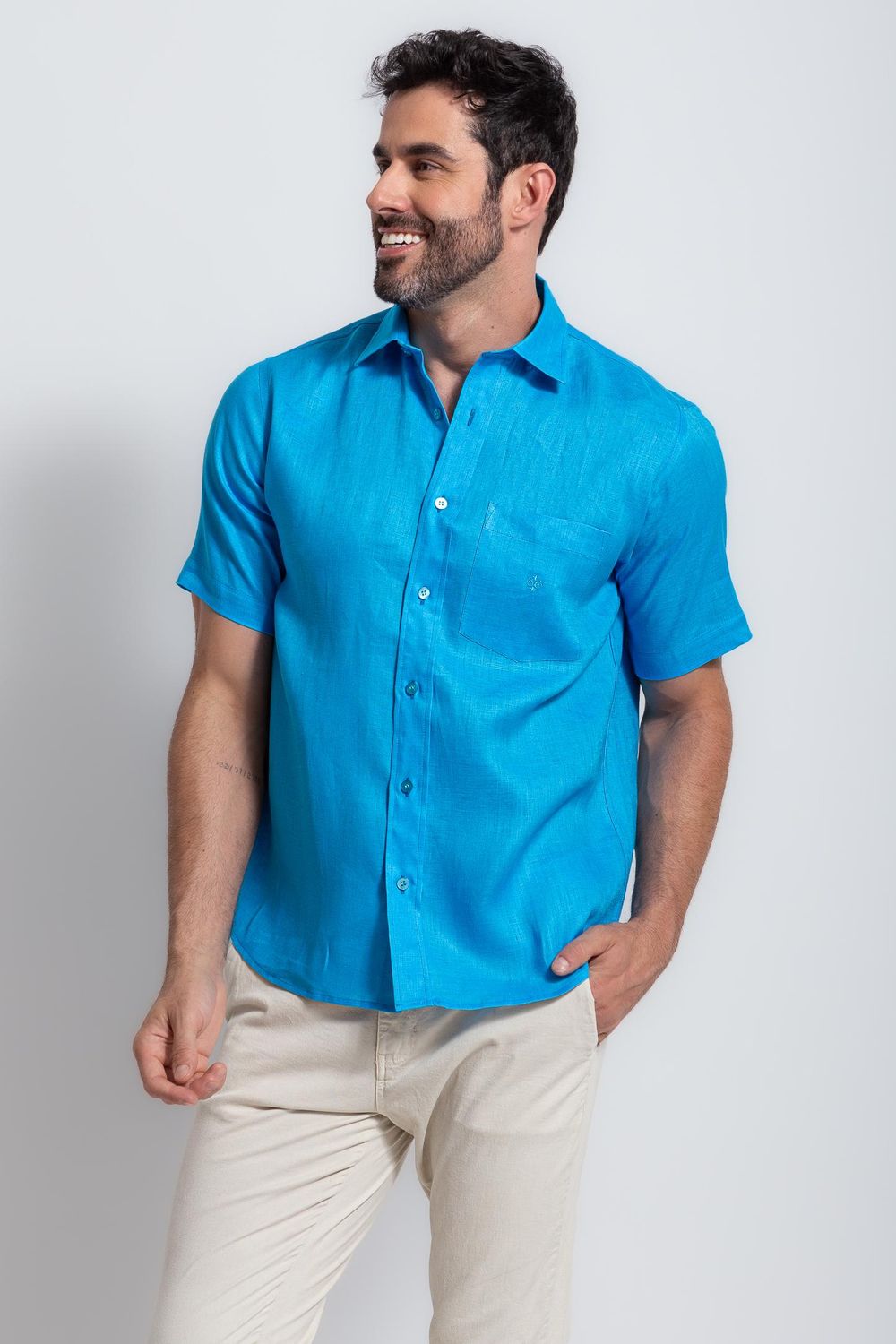 Camisa Puro Linho MC Azul Médio
