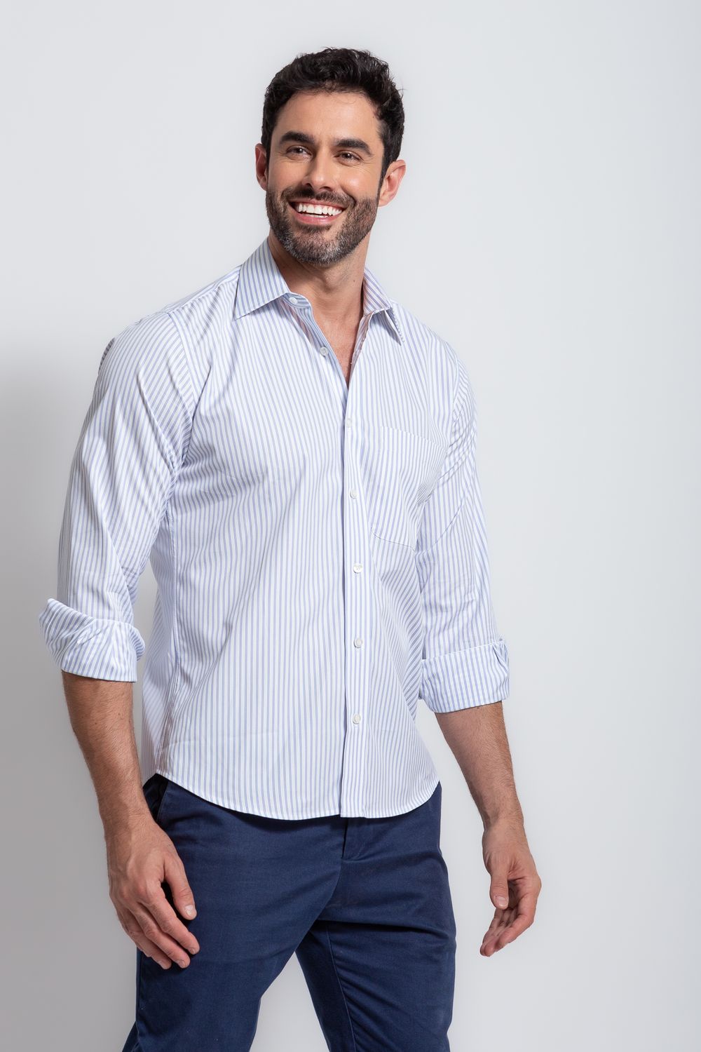 Camisa Social Listrada Slim Comfort Algodão Fio 80 Azul Claro