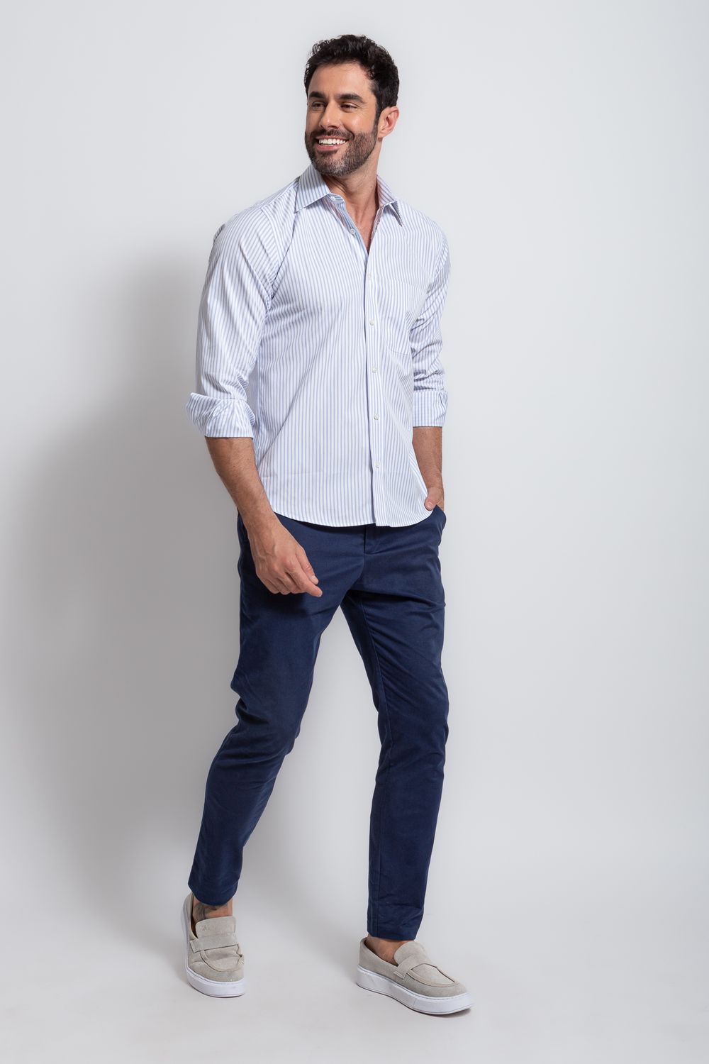 Camisa Social Listrada Slim Comfort Algodão Fio 80 Azul Claro