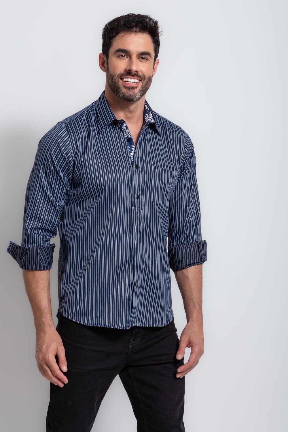 Camisa Social Listrada Slim Comfort Algodão Fio 80 Azul Claro