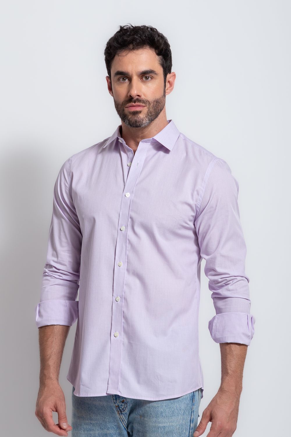 Camisa Social Slim Comfort Listrada Algodão Rosa