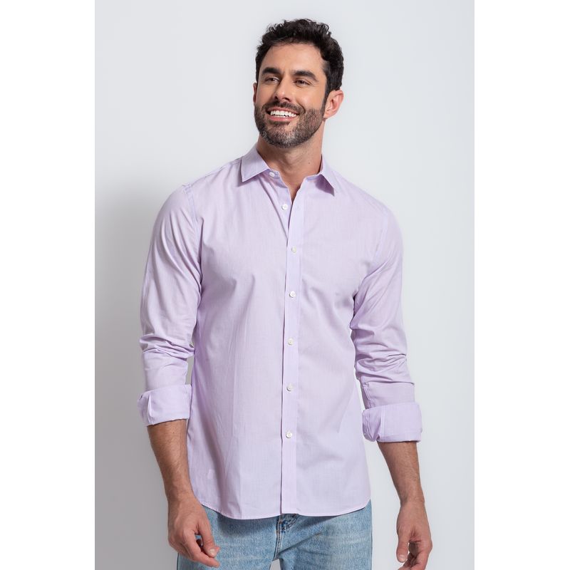 Camisa Social Slim Comfort Listrada Algodão Rosa