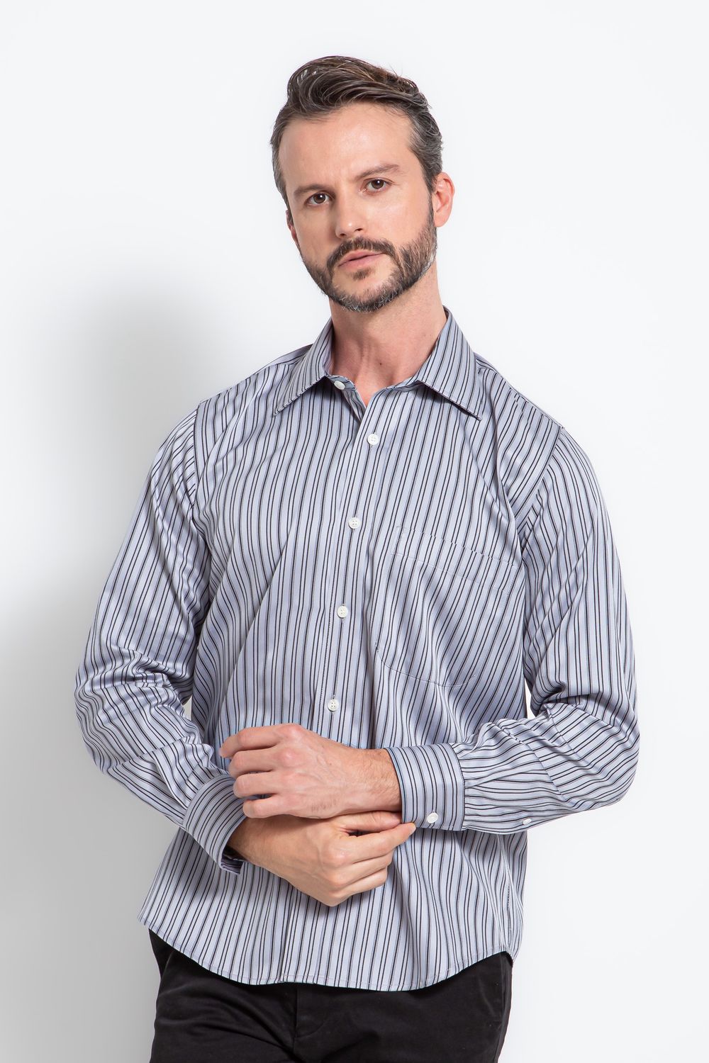 Camisa Social Listrada Slim Comfort Algodão Fio 80 Cinza