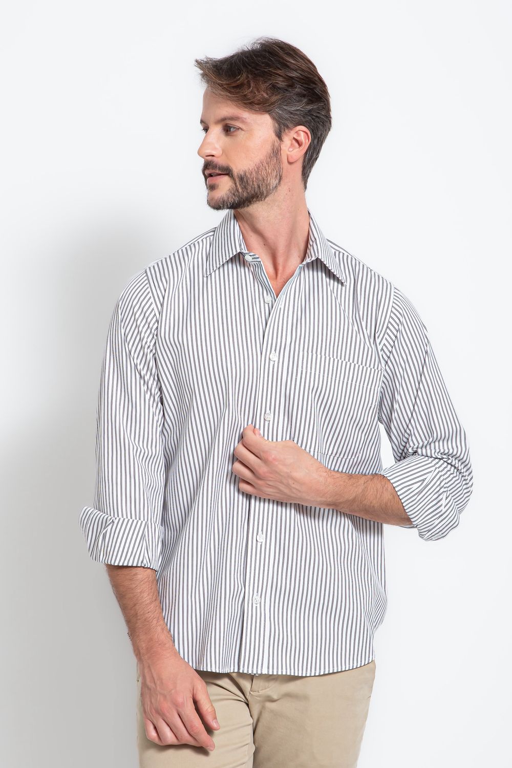 Camisa Social Listrada Slim Comfort Algodão Fio 80 Preto