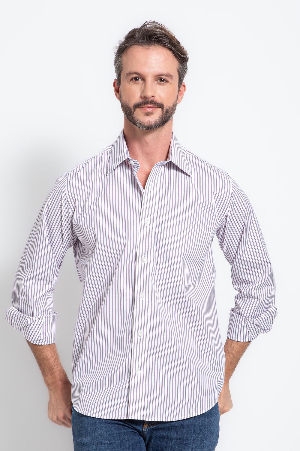 Camisa Social Listrada Slim Comfort Algodão Fio 80 Lilás