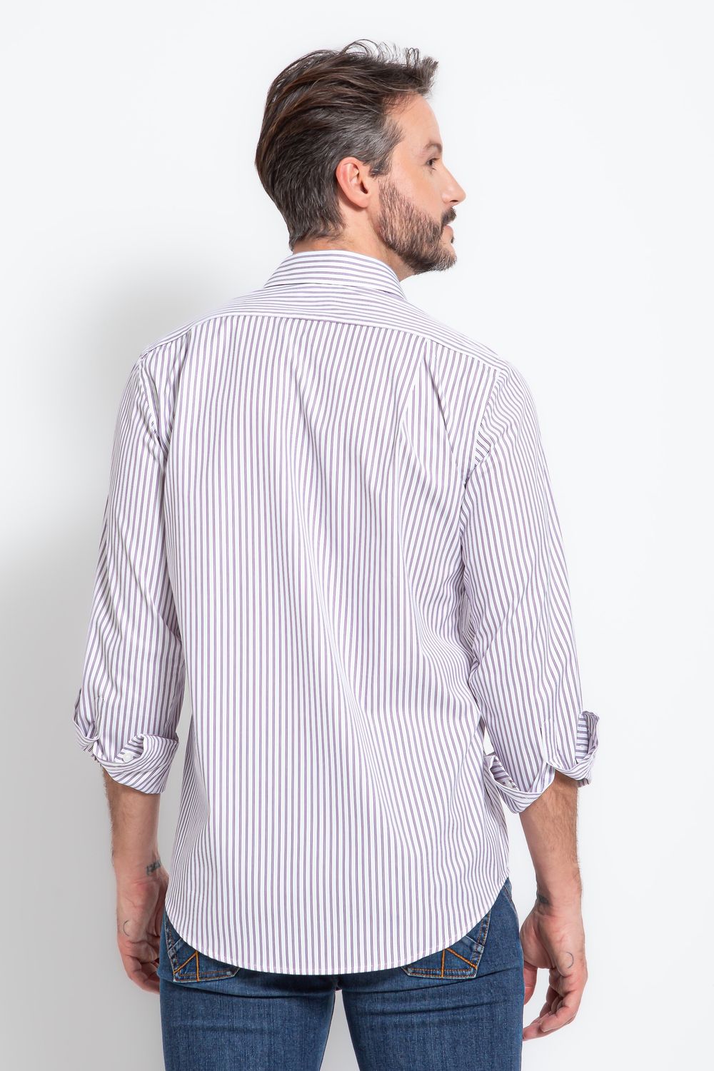 Camisa Social Listrada Slim Comfort Algodão Fio 80 Lilás