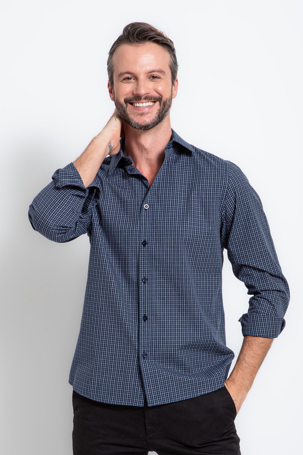 Camisa Slim Xadrez Algodão ML Preto