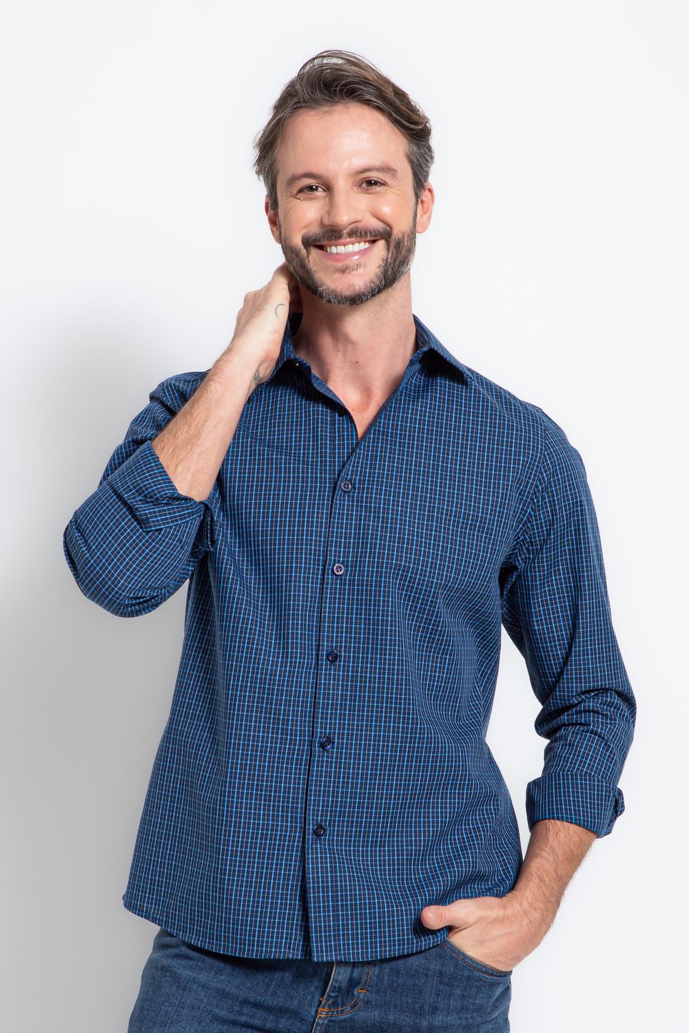 Camisa Slim Xadrez Algodão ML Azul