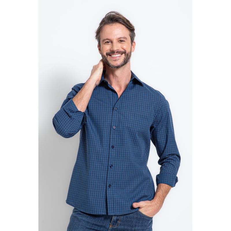 Camisa Slim Xadrez Algodão ML Azul