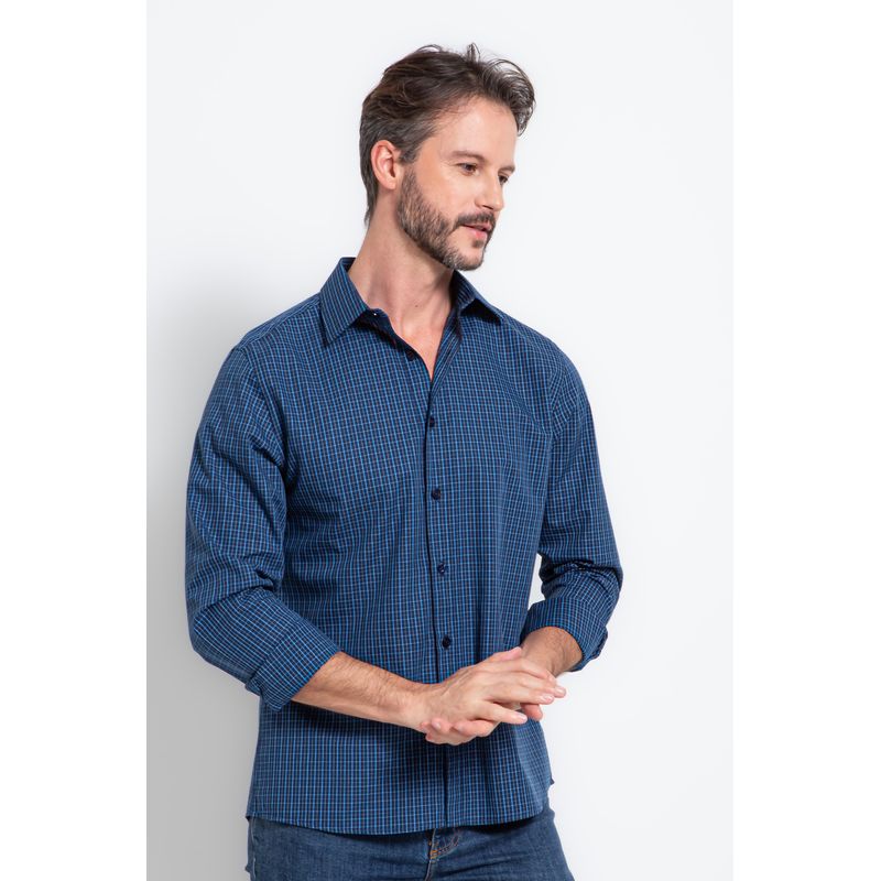 Camisa Slim Xadrez Algodão ML Azul