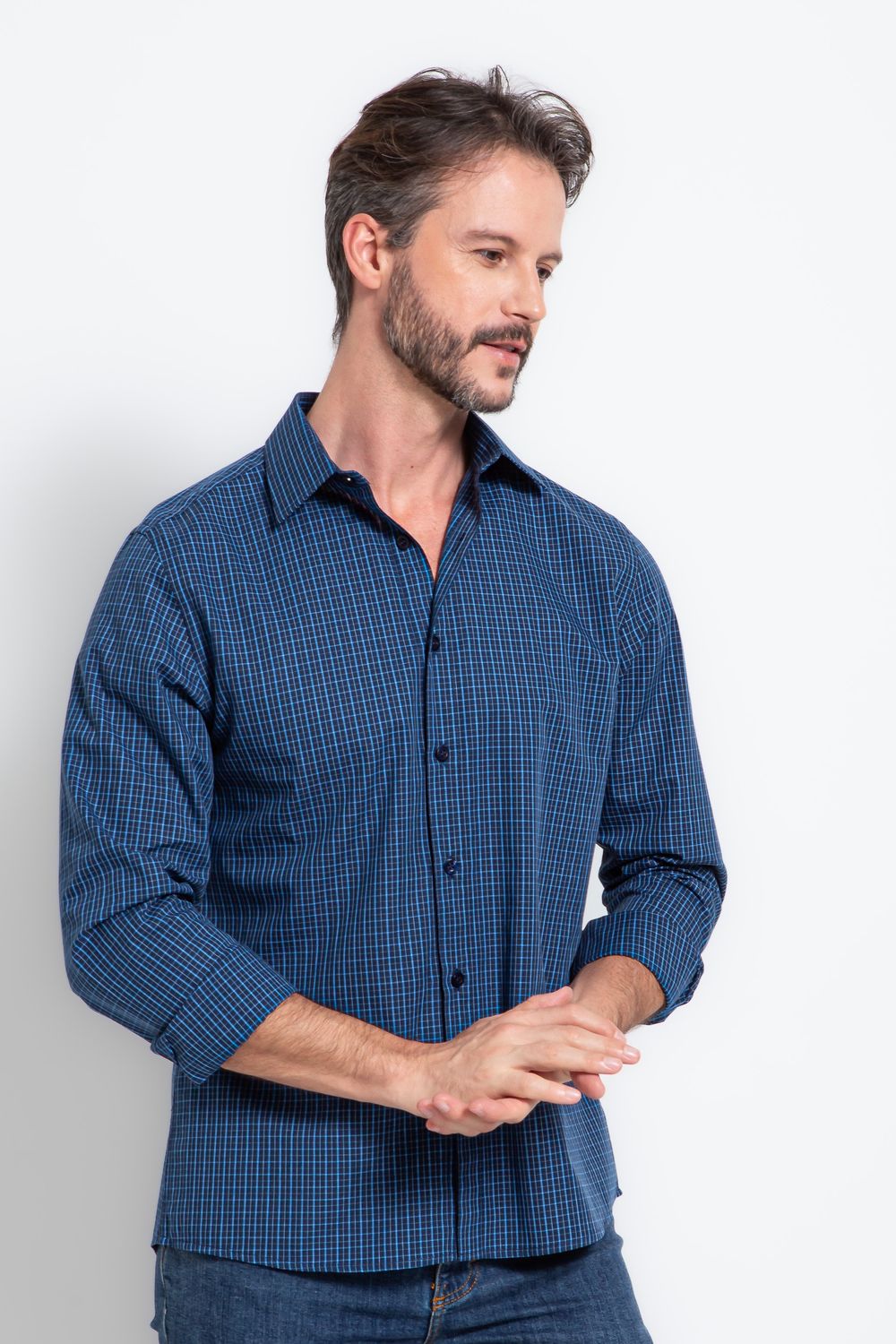 Camisa Slim Xadrez Algodão ML Azul