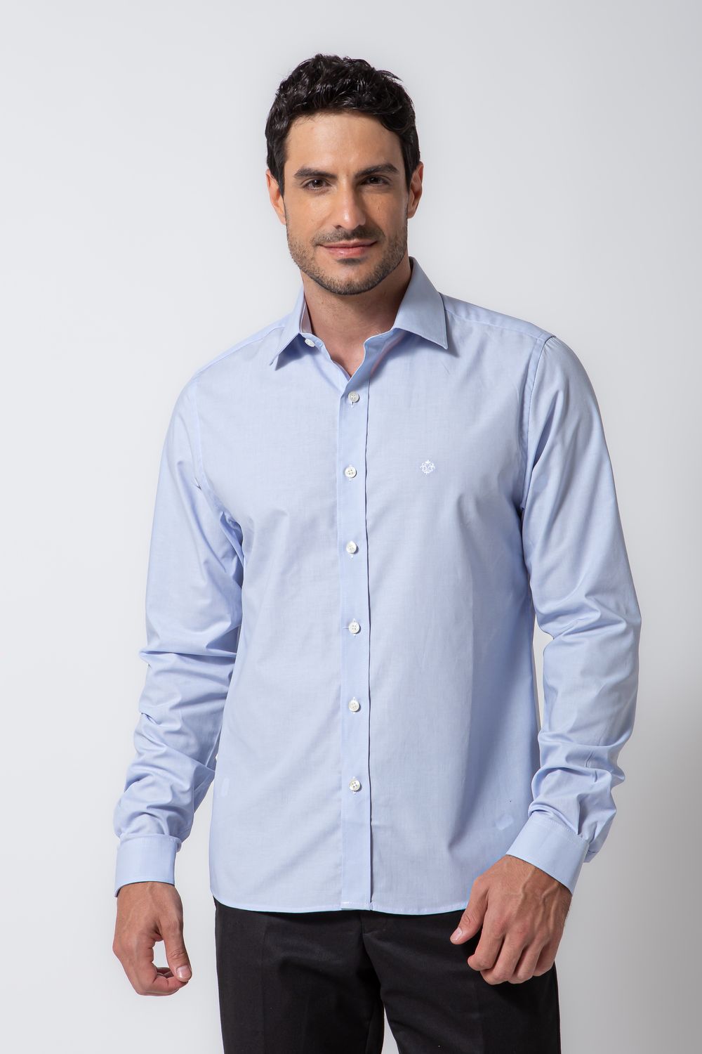 Camisa Social Slim Algodão Misto Azul Médio