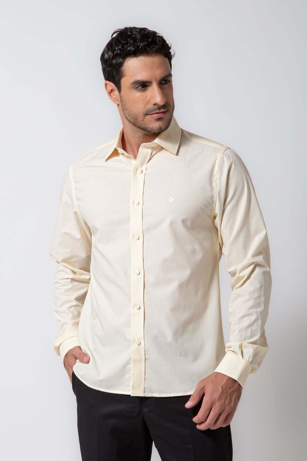 Camisa Social Slim Algodão Misto Creme